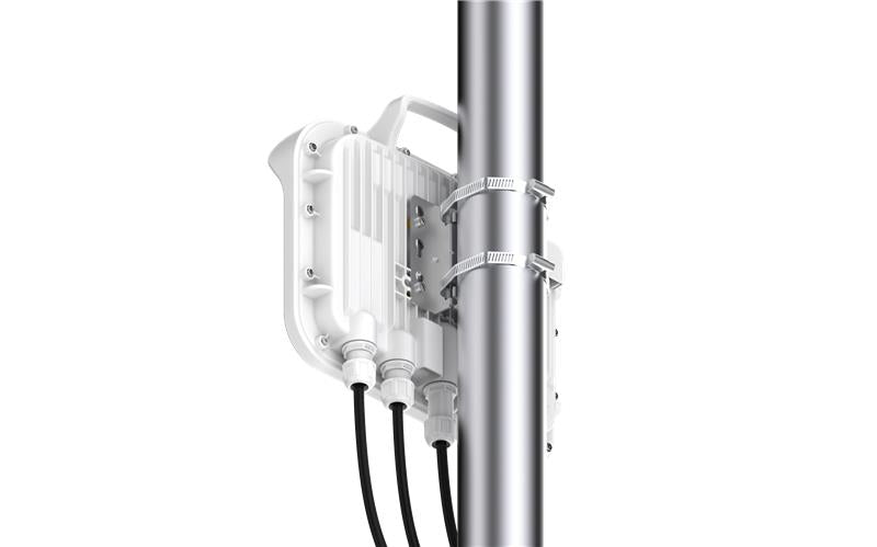 White plastic cambium networks ePMP 4500C 5 GHz connectorized access point mounted on pole with three black cables