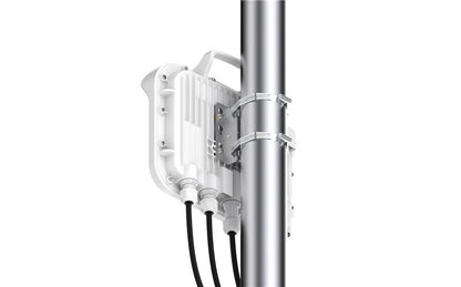 White plastic cambium networks ePMP 4500C 5 GHz connectorized access point mounted on pole with three black cables