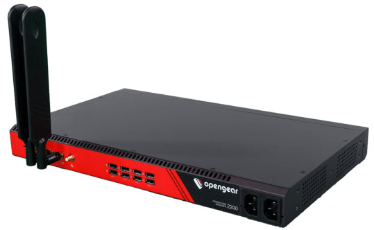 Black and red opengear n2000 network appliance with two external antennas for om2224-24e-l operations manager