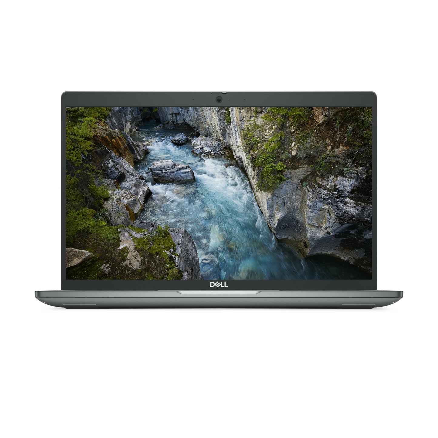 Gray dell precision 3490 mobile workstation laptop with 14 inch fhd screen showing vibrant river scene