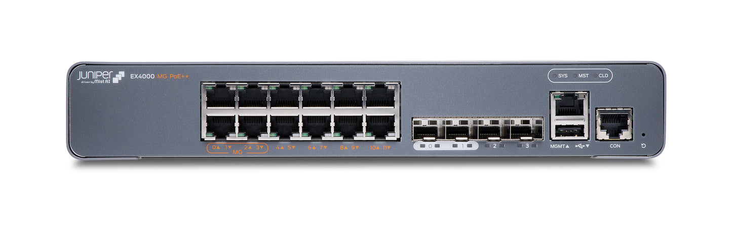 Juniper EX4000-12MP | EX4000 Series 12 Port Multi Gig, 4x 100M/1G/2.5GBaseT, 8x 10/100/1000BaseT PoE++, 4x 1G/10G SFP+