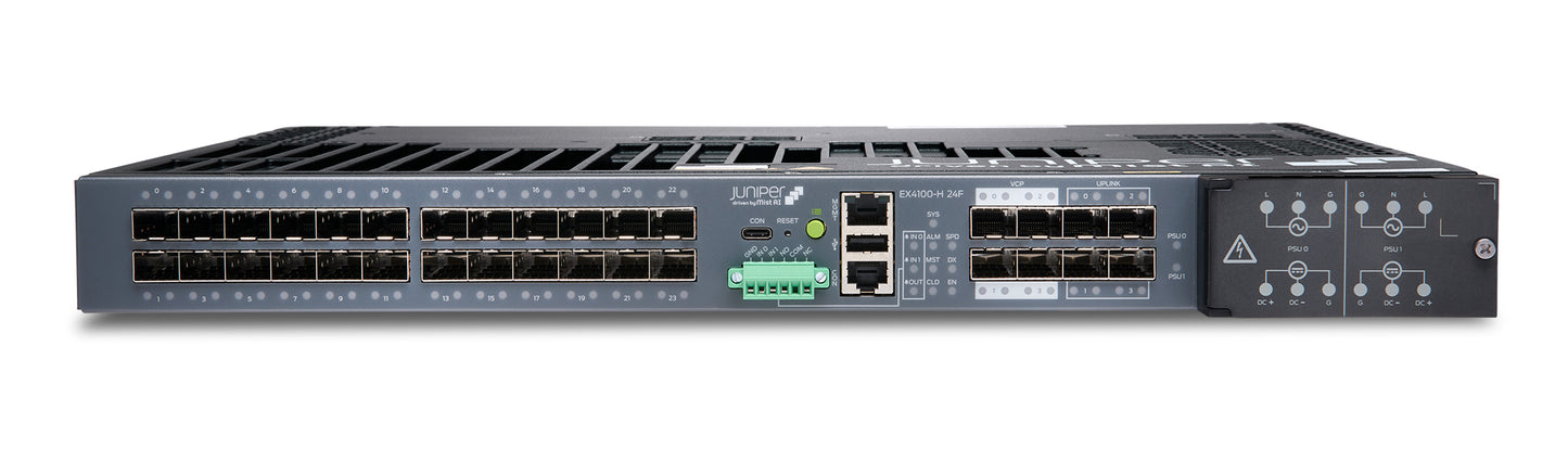 Juniper EX4100-H-24F-DC-T | EX4100 Series 24 x 1GbE SFP Ports, 4x10G SFP+ Uplinks, DC PSU, MACSec AES256