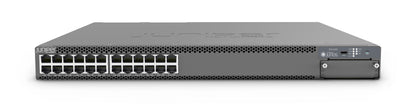 Gray metal Juniper EX4400-24MP 1U network switch with 24 10GbE PoE+ ethernet ports and indicator lights
