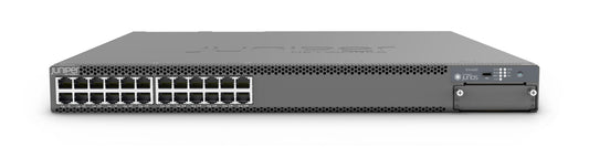 Gray metal Juniper EX4400-24MP 1U network switch with 24 10GbE PoE+ ethernet ports and indicator lights