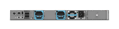 Rear panel of gray juniper ex4400-24t-afi server rack with three blue fans and multiple network ports visible