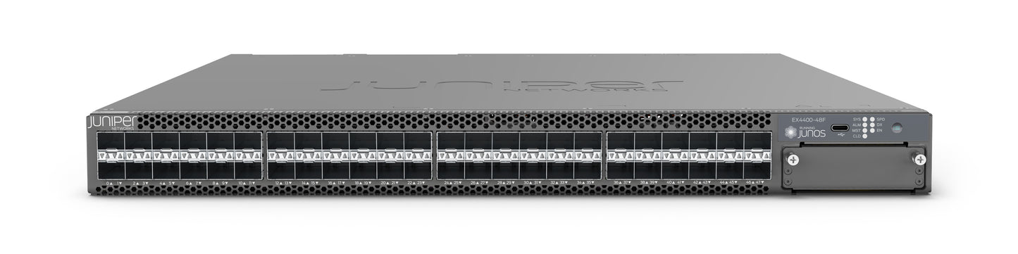 Gray metal juniper ex4400-48f-afi server rack back side with 12x10g sfp+ ports and ventilation slots