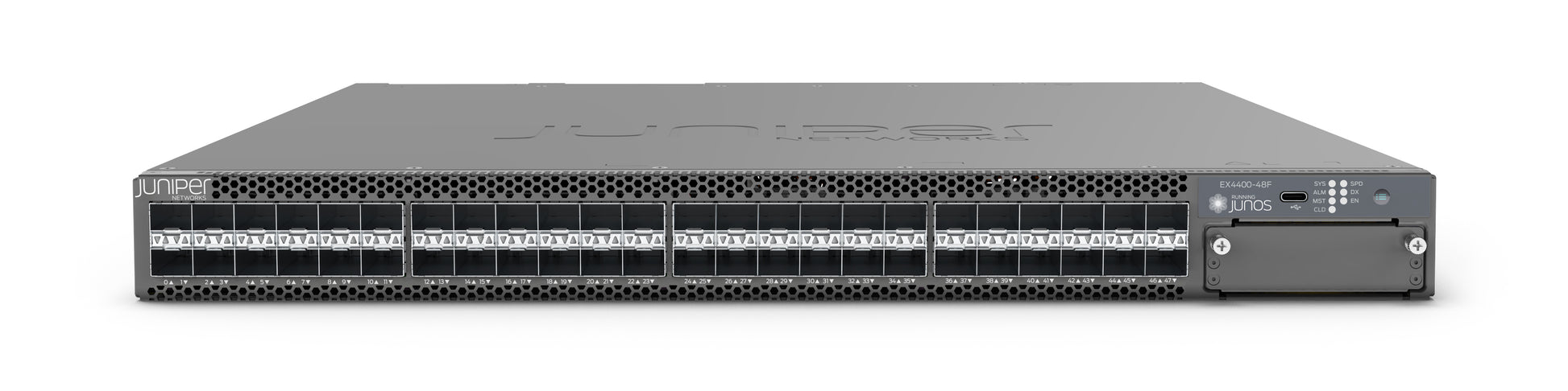 Gray metal juniper ex4400-48f-afi server rack back side with 12x10g sfp+ ports and ventilation slots