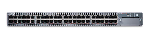 Gray metal juniper ex4400-48xp server rack with 48 1gbe poe ports and control panel on right side back view
