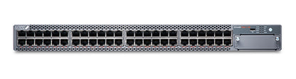 Gray metal juniper ex4400-48xp server rack with 48 1gbe poe ports and control panel on right side back view