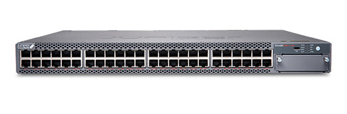 Gray metal juniper ex4400-48xp network switch with 48 1gbe poe ports and ventilation slots front view