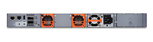 Gray juniper ex4400-48xp server rack back with orange ventilation fans black network ports and 48x1gbe poe ports