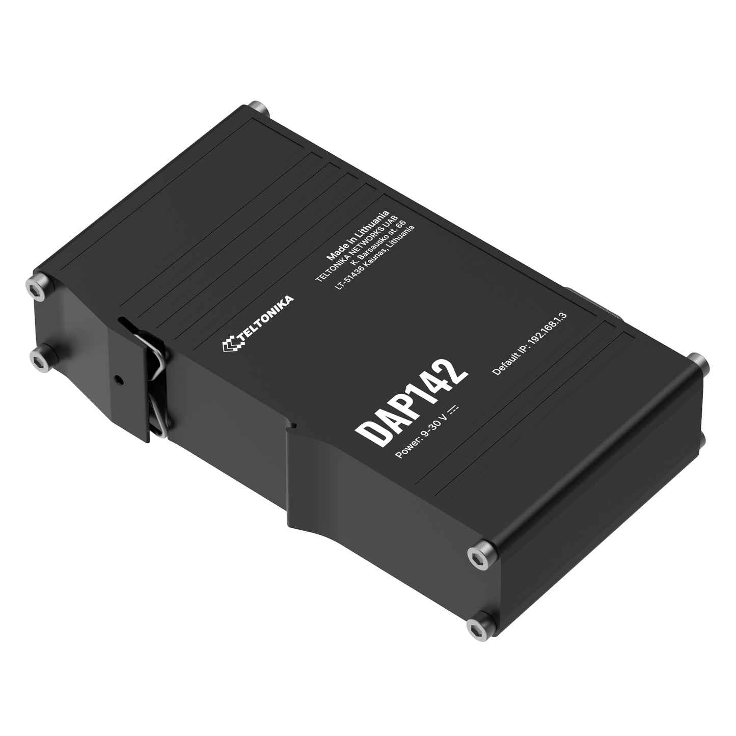 Black teltonika dap142 industrial access point power supply unit with silver screws and white labeling for din-rail use