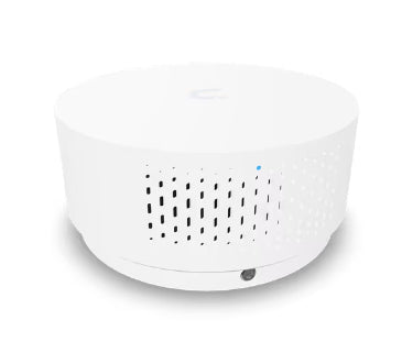 White cylindrical ubquiti up-airquality wireless router with perforated side panel and blue led for vape detection and air quality