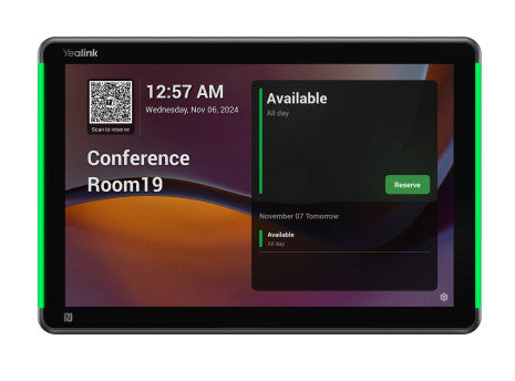 Black yealink 1303196 roompanel plus e2 10.1 android 13 touchscreen with green edges showing conference room booking