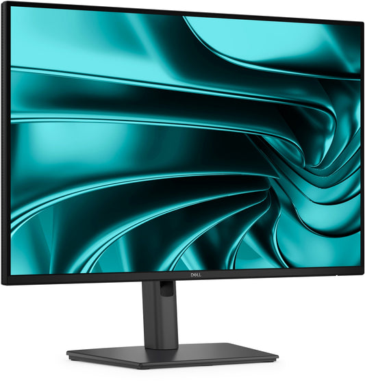 Black dell p2426e 24.1in ips monitor with thin bezel and usb-c hub displaying abstract teal wave pattern
