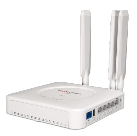 Fortinet FEX-211E white plastic router with 3 antennas, 5 GE ports, PoE