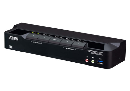 Black aten cs1924a-at-u 4-port displayport kvmp switch with labeled buttons and multiple connectivity ports backside view