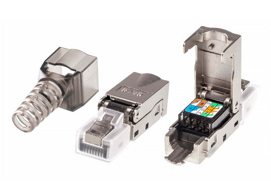 Silver metallic aten 2a-245g cat 6a rj45 ethernet connector with clear housing and color-coded wire terminals visible inside