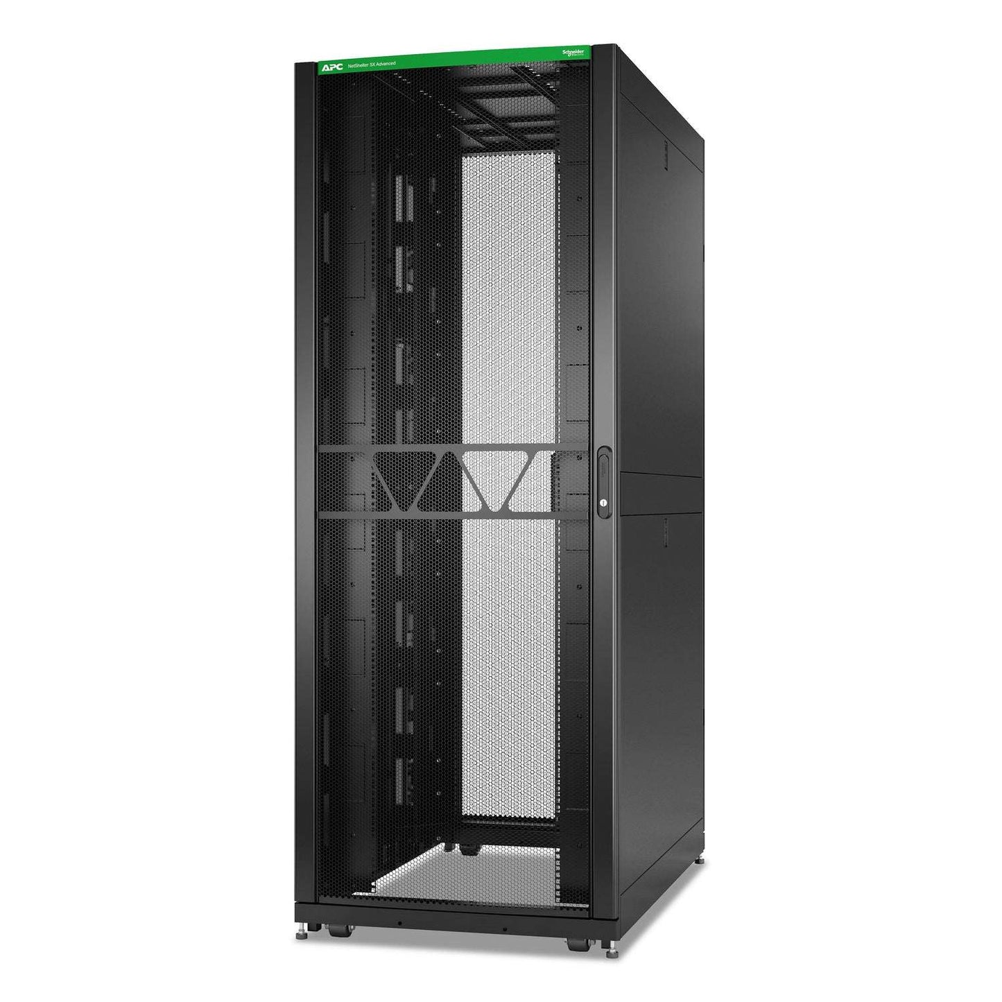 APC AR9585B2 NetShelter SX 45U black server rack with green top and mesh doors