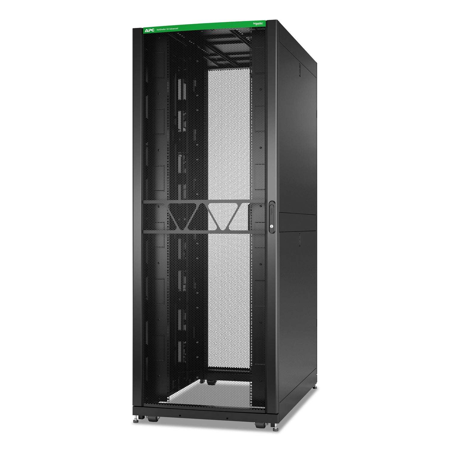 APC AR9585B2 NetShelter SX 45U black server rack with green top and mesh doors