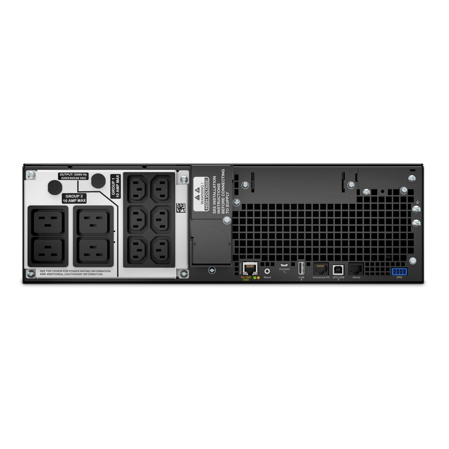 APC SRT5KRMXLI 5000VA rack UPS rear with power outlets and ports