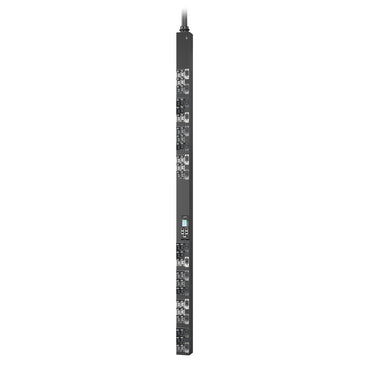 Black metal apc netshelter advanced switched pdu server rack with multiple ports and ventilation slots on back side