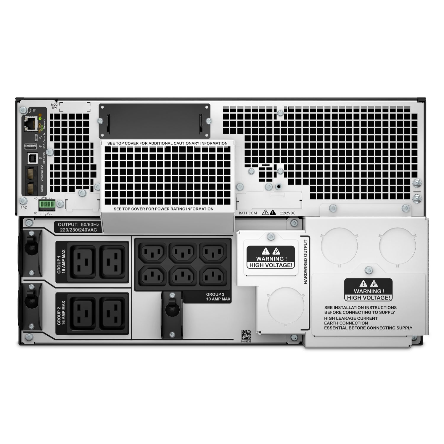 APC SRT10KRMXLI 10kVA rack-mount UPS with silver/black outlets and grilles