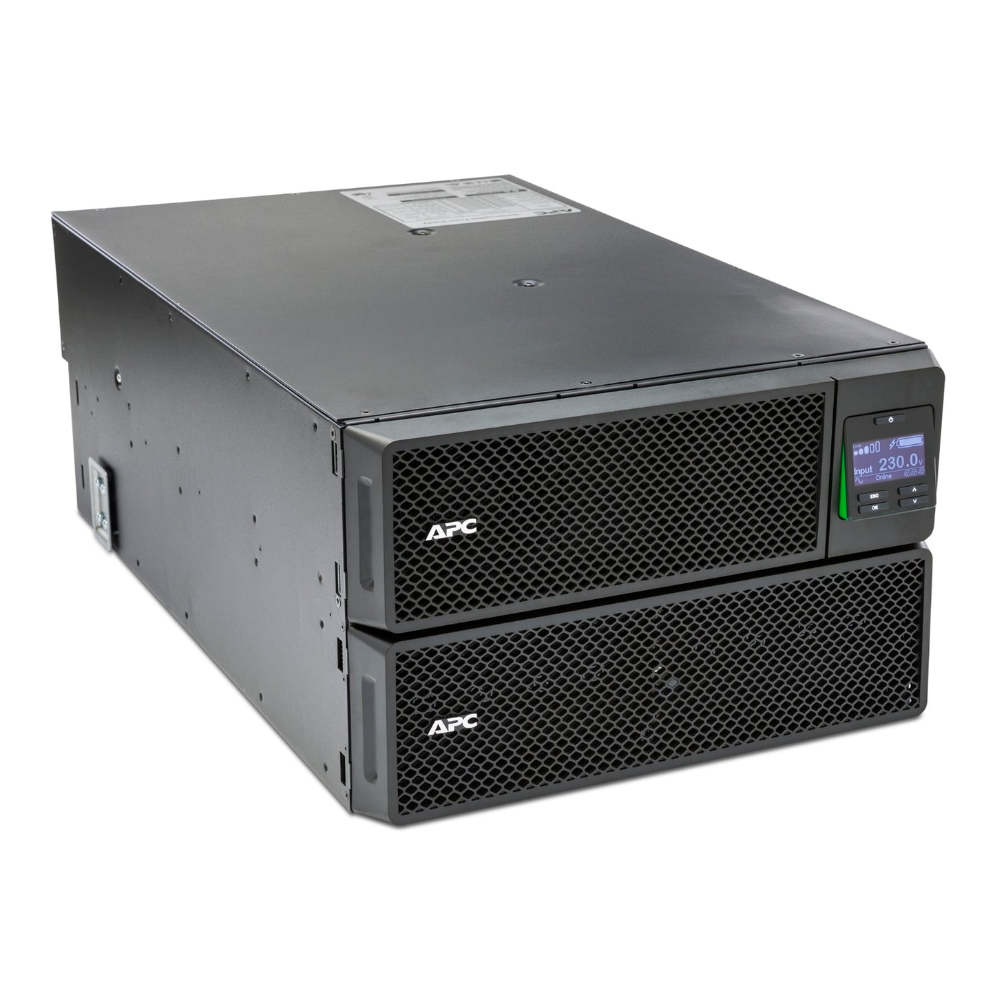 APC SRT10KRMXLI 10kW rack UPS with black server rack and voltage display