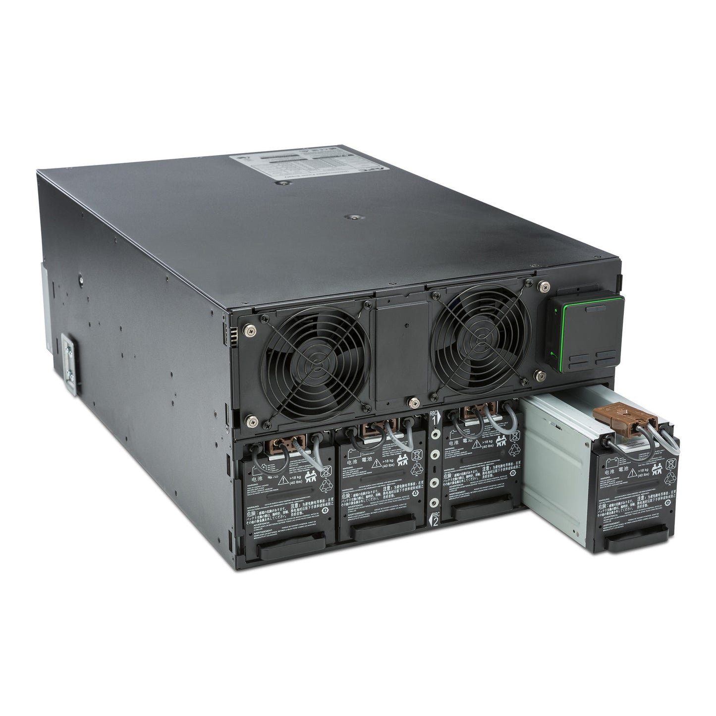 APC SRT10KRMXLI rack with black metal server rack, fans, batteries, one pulled out