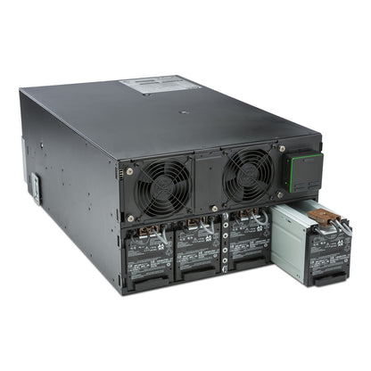 APC SRT10KRMXLI rack with black metal server rack, fans, batteries, one pulled out