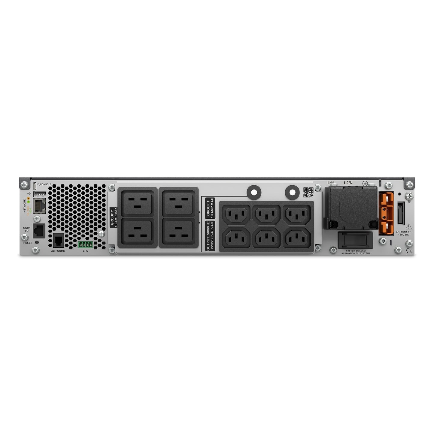 APC SRTL5KRM2UI UPS rear with silver rack, black outlets and ports