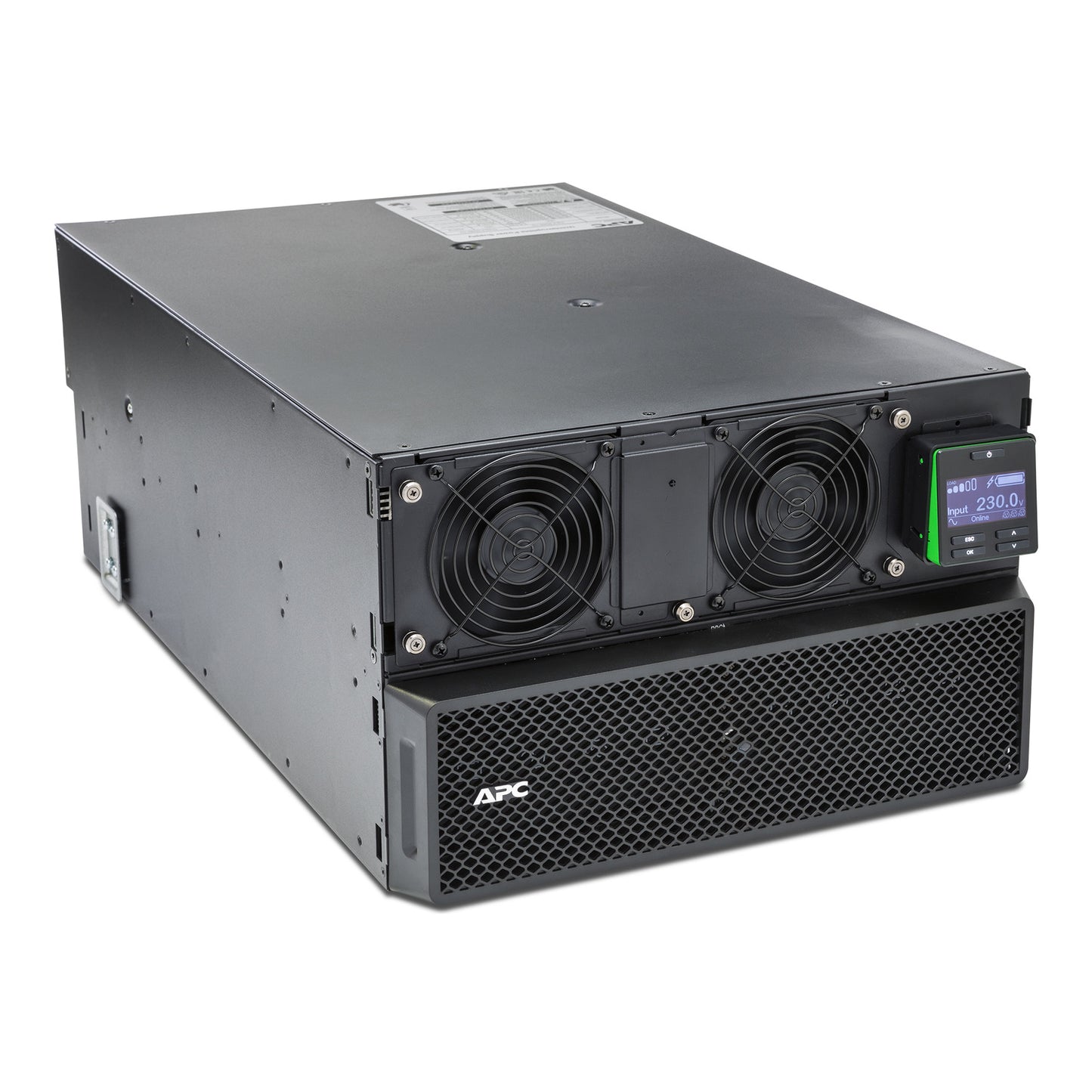 APC SRT10KRMXLI 10kW rack-mount UPS with fans and voltage display