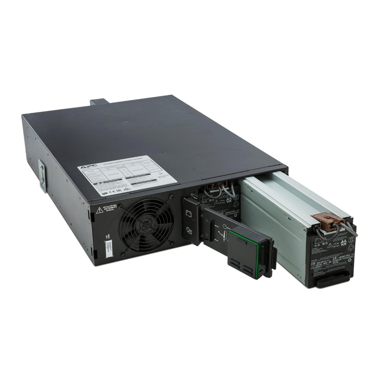 APC SRT5KRMXLI rack with black metal server rack, pull-out battery unit, fan