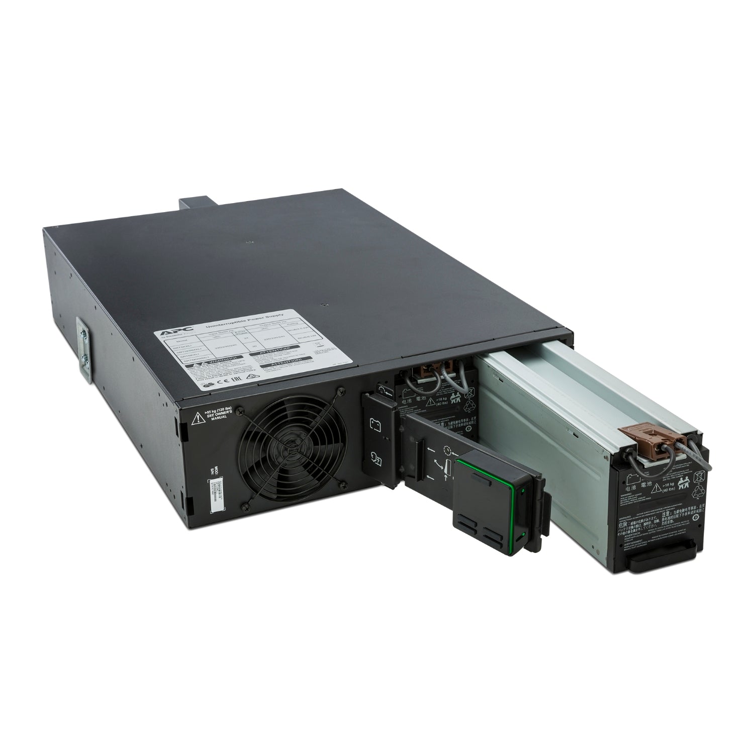 APC SRT5KRMXLI rack with black metal server rack, pull-out battery unit, fan