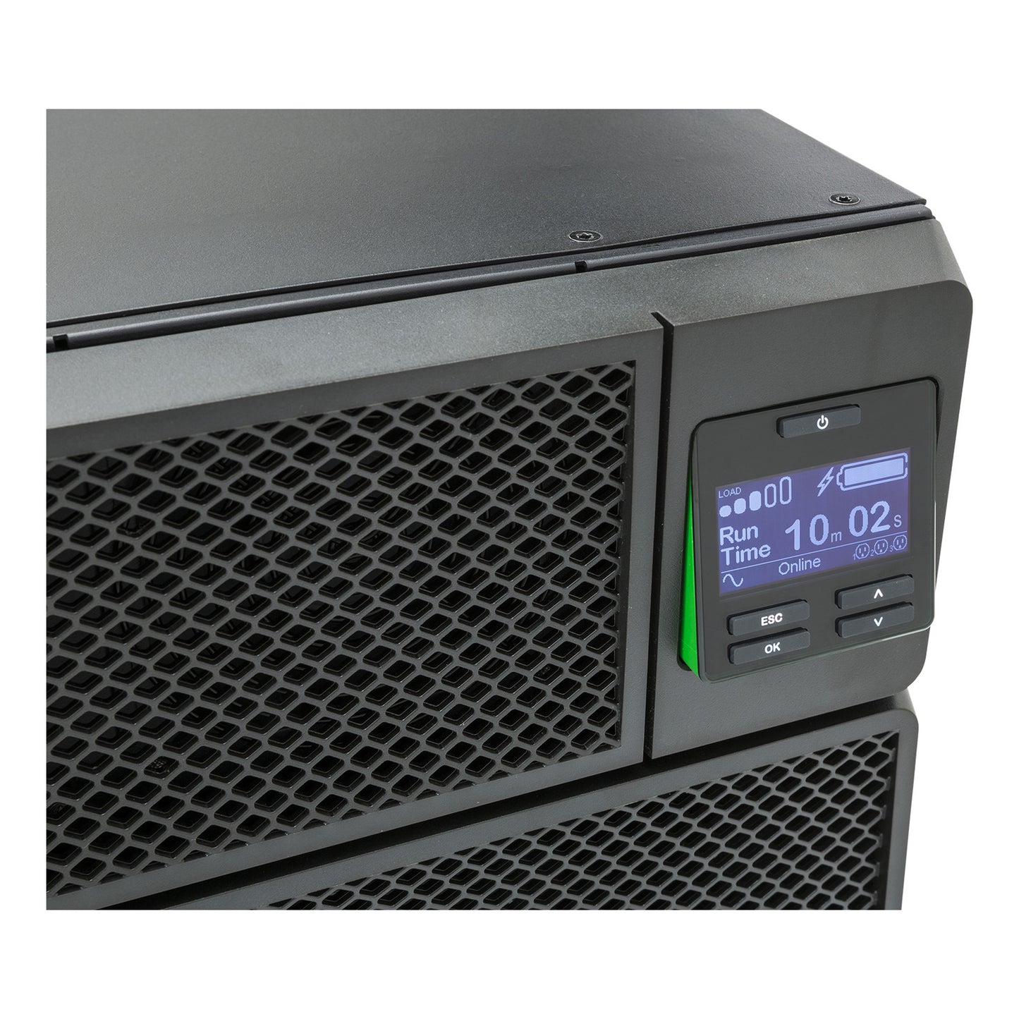 APC SRT10KRMXLI black UPS with runtime display and status indicators