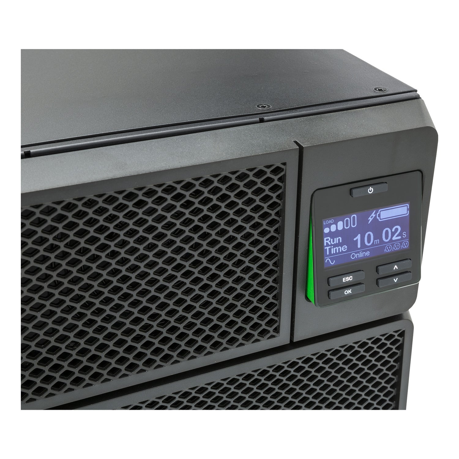 APC SRT10KRMXLI black UPS with runtime display and status indicators