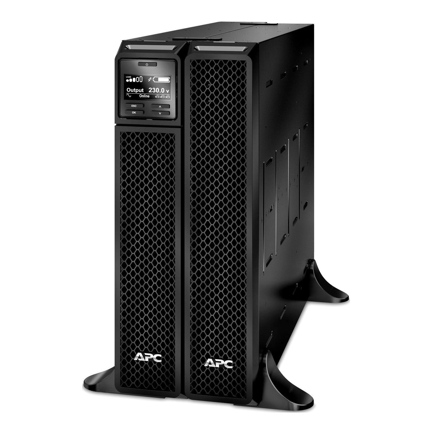 APC SRT3000XLI 3000VA UPS tower with digital display and mesh front