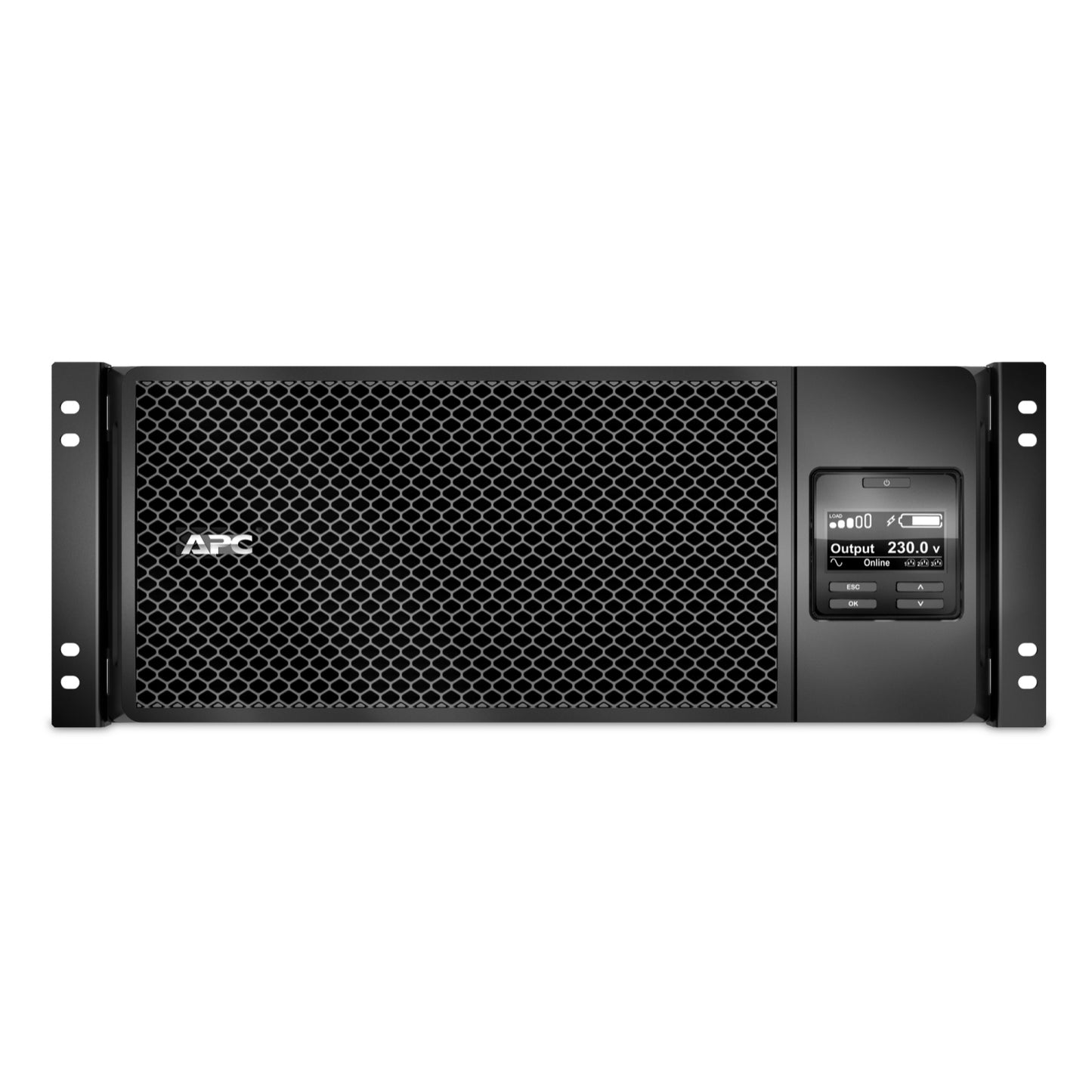 APC SRT6KRMXLI rack-mountable UPS with honeycomb grille and voltage display