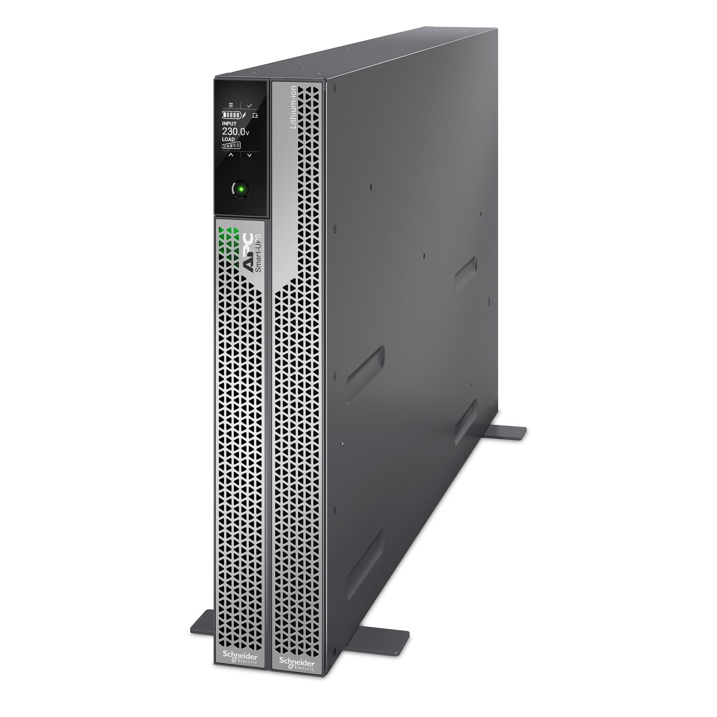 APC SRTL5KRM2UI black metal server rack with digital display and ventilation grilles