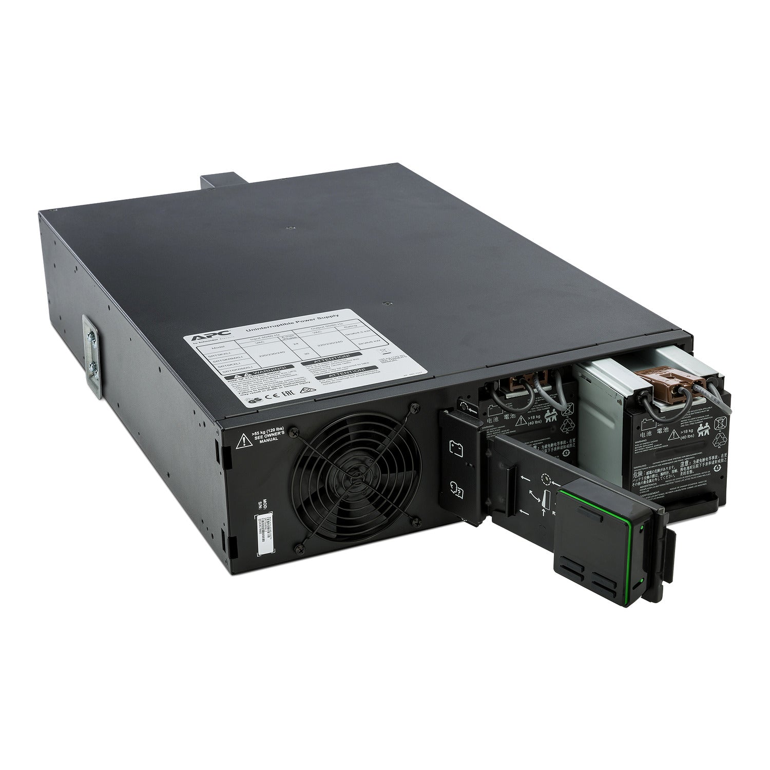 APC SRT5KRMXLI UPS black metal rack with fan, open green battery compartment