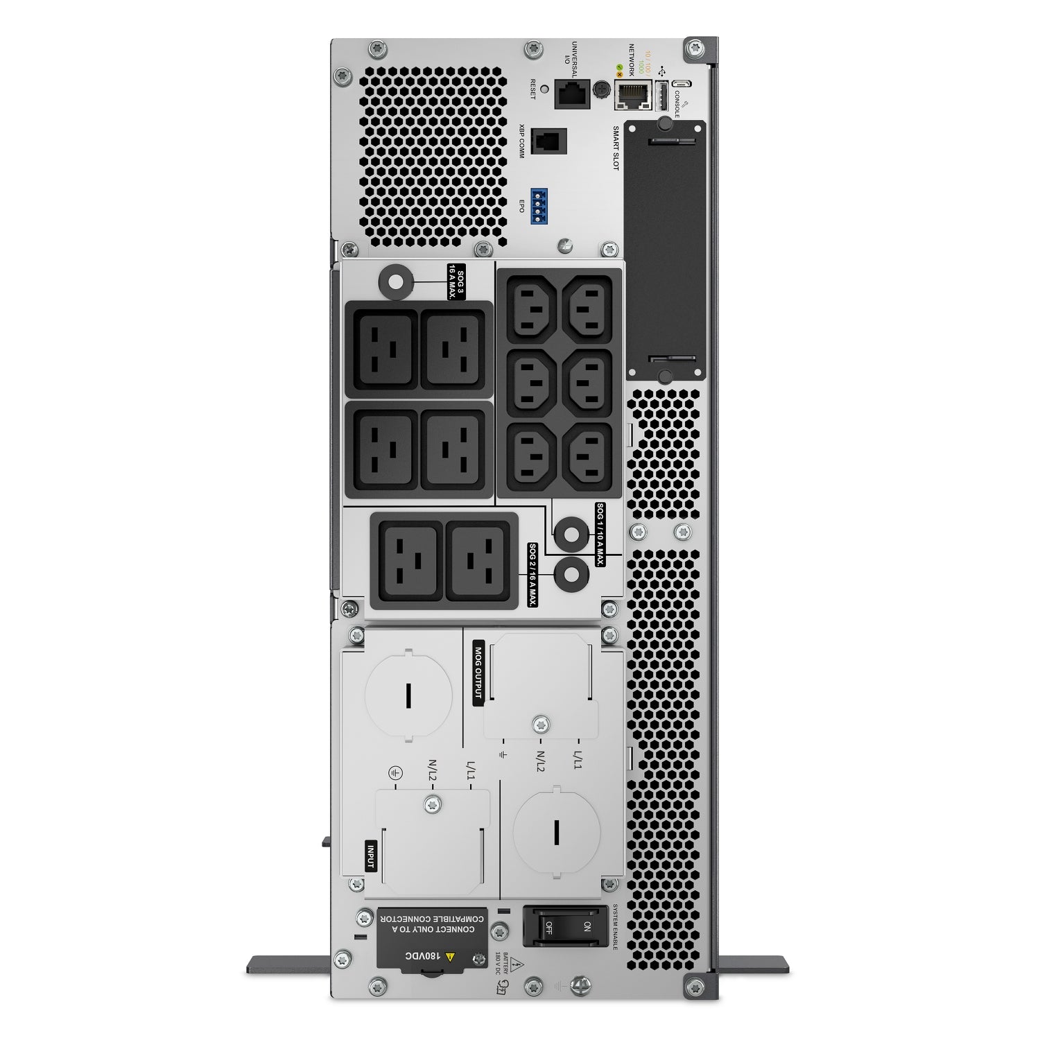 APC SRTL10KRM4UI silver server rack with black outlets and vents, rear view