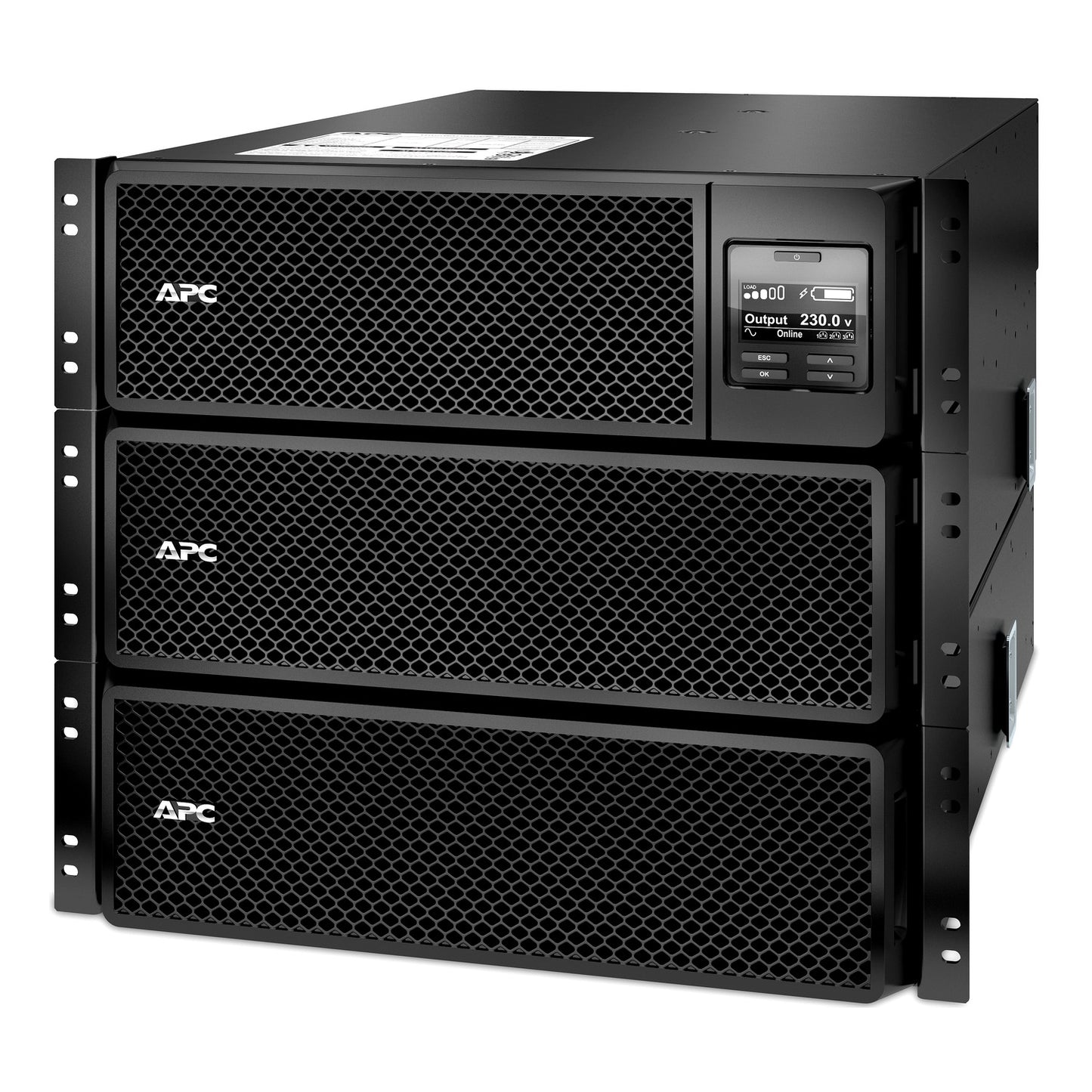 APC SRT10KRMXLI 10kW rack-mount UPS with mesh panels and display