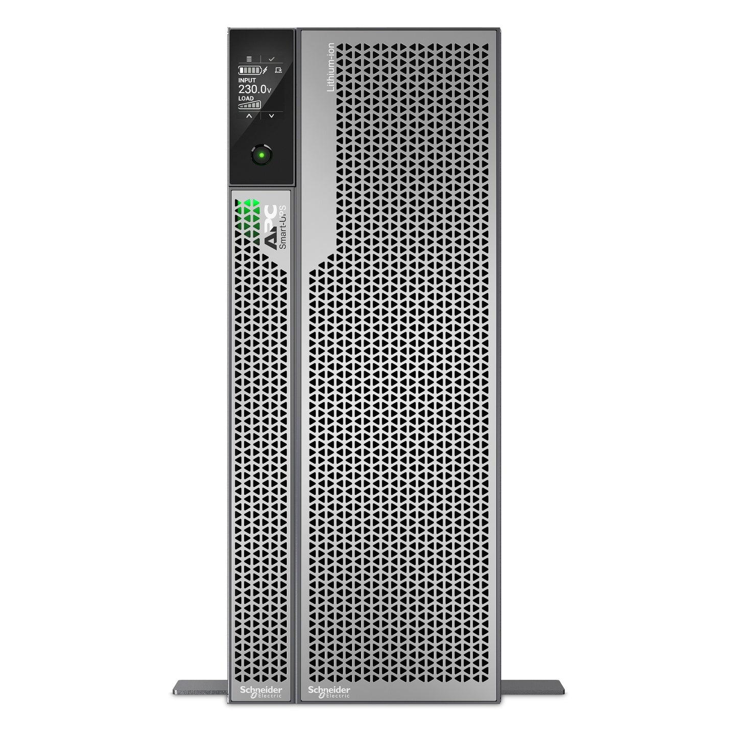 APC SRTL10KRM4UI silver tower UPS with perforated panel and voltage display