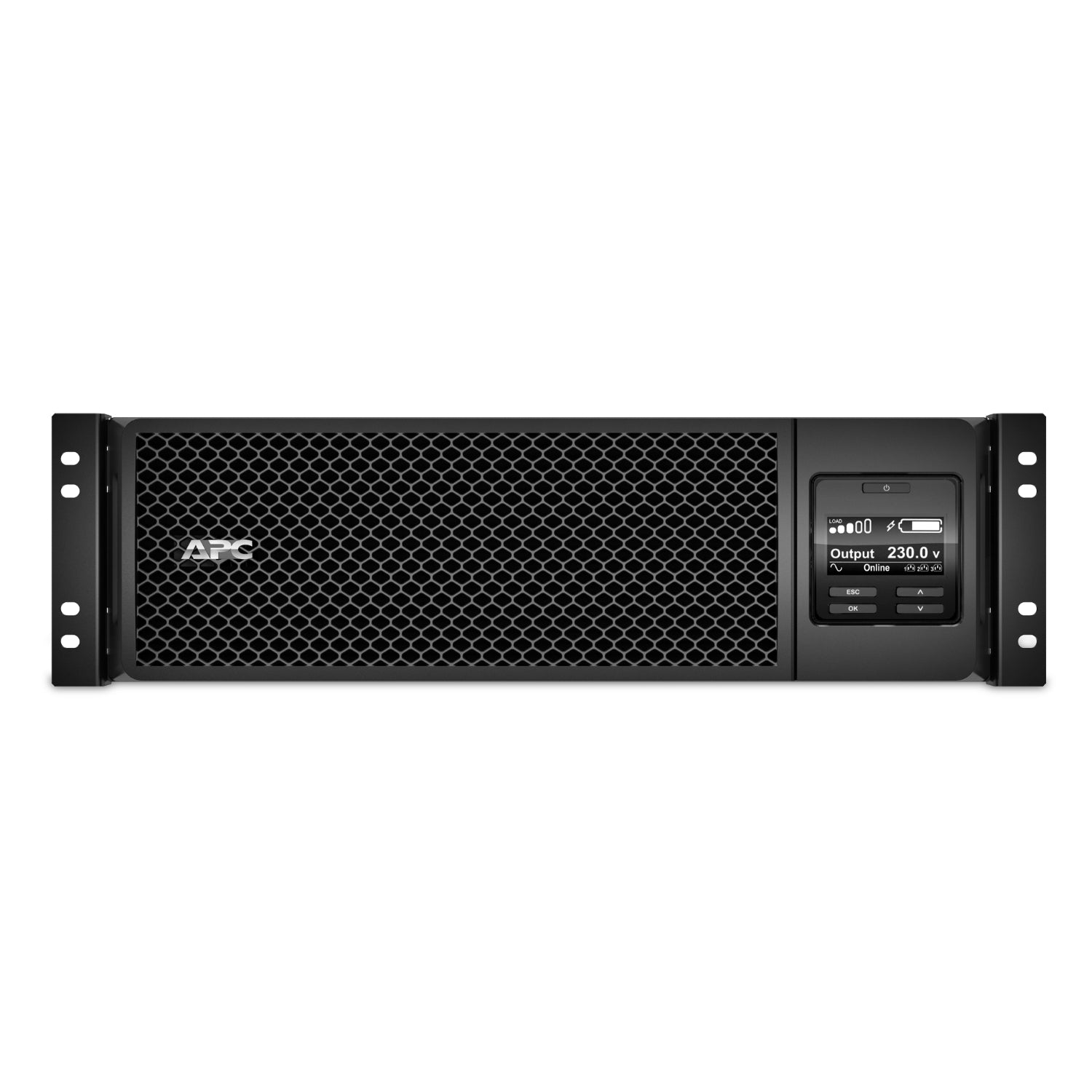 APC SRT5KRMXLI 5000VA rack-mount UPS with mesh panel and voltage display