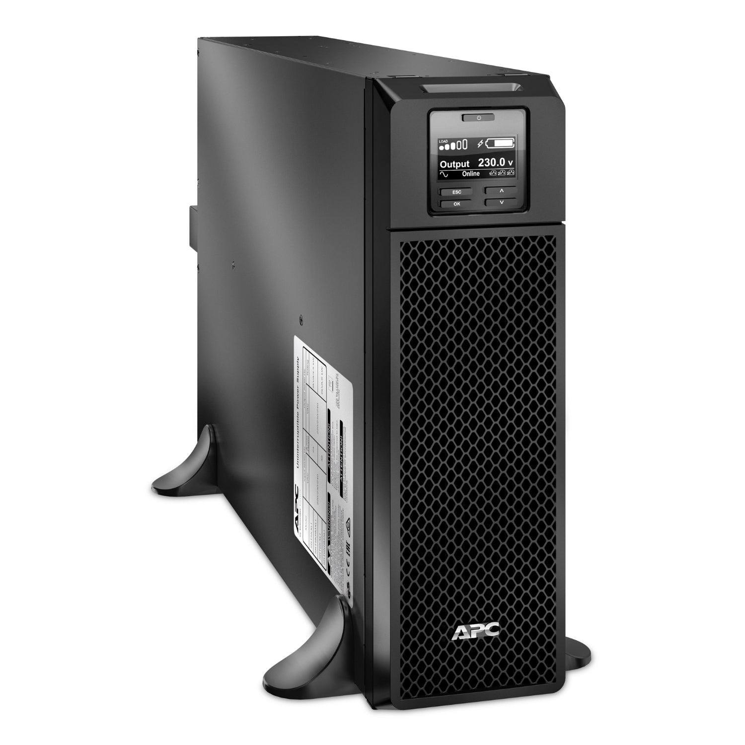 APC SRT5KXLI 5kVA UPS tower with voltage display and status indicators