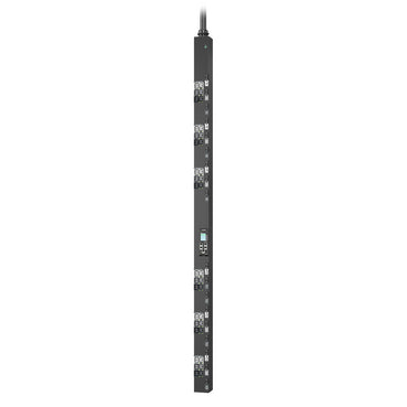 Black vertical APC APDU11550SM NetShelter 0U switched metered rack PDU with multiple outlets and green indicator light