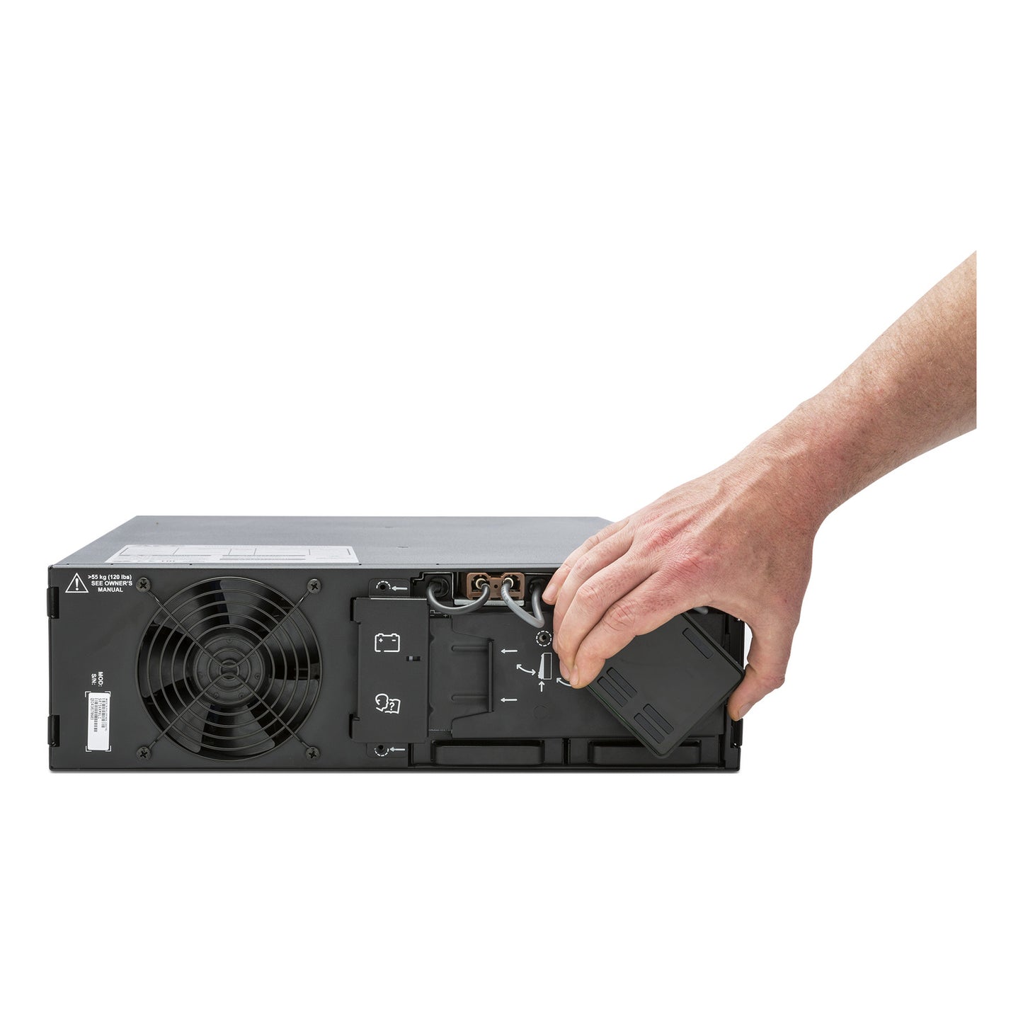APC SRT5KRMXLI 5000VA rack UPS with cooling fan and battery compartment