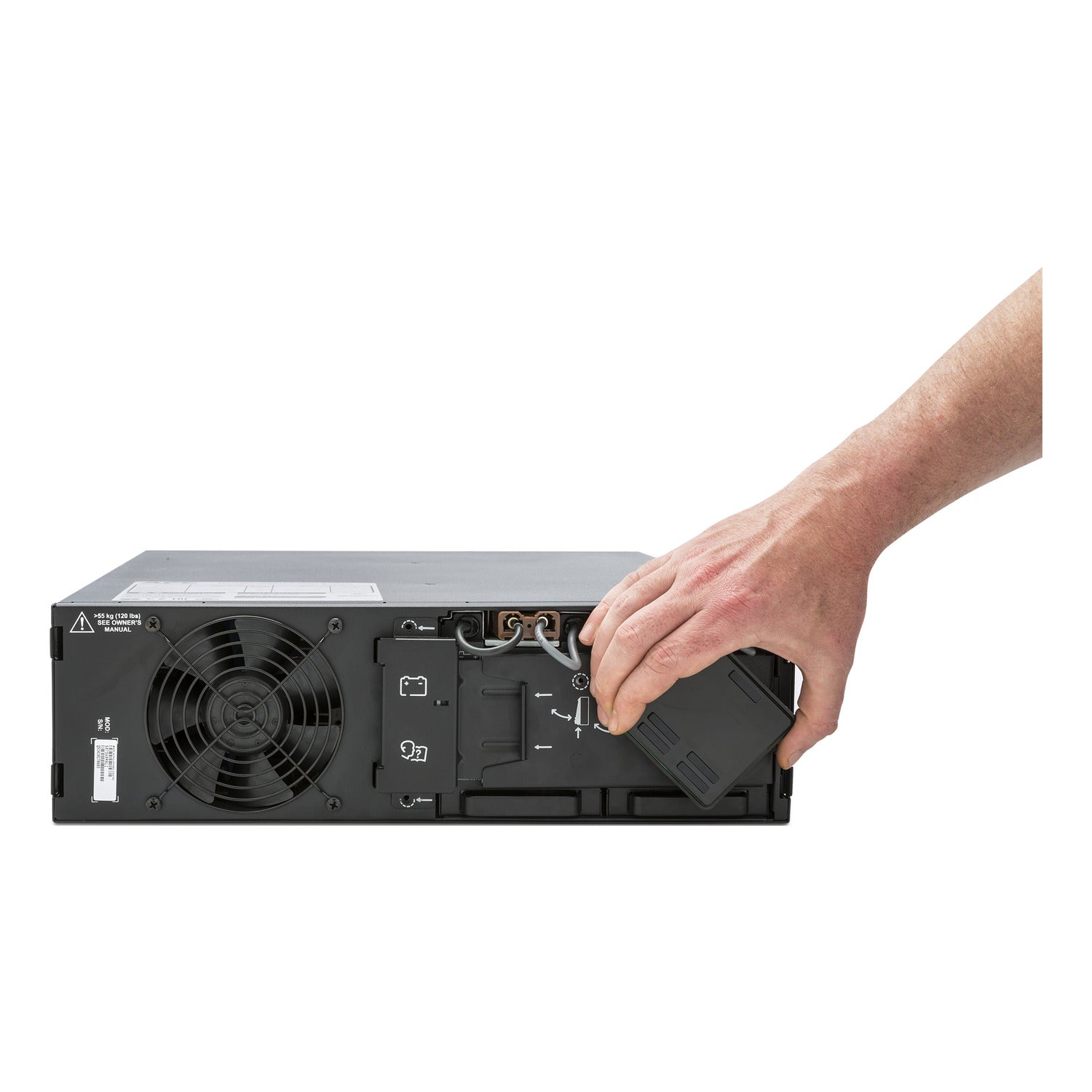 APC SRT5KRMXLI 5000VA rack UPS with cooling fan and battery compartment
