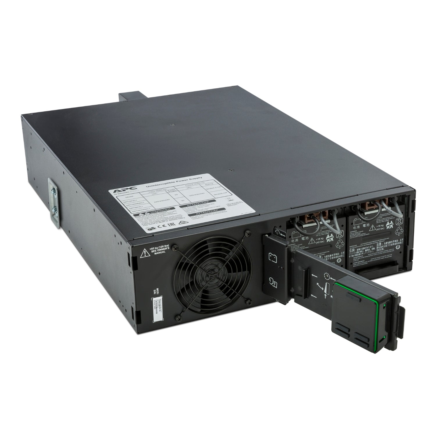 Rear view of APC SRT5KRMXLI 5000VA UPS with green battery module and fan