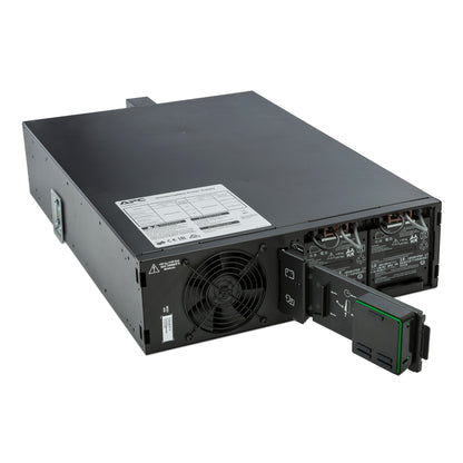 Rear view of APC SRT5KRMXLI 5000VA UPS with green battery module and fan